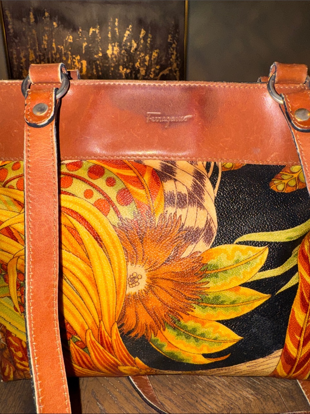 Salvatore Ferragamo Brown Leather & Multicolor Floral Canvas Shoulder Bag - Picture 13 of 14